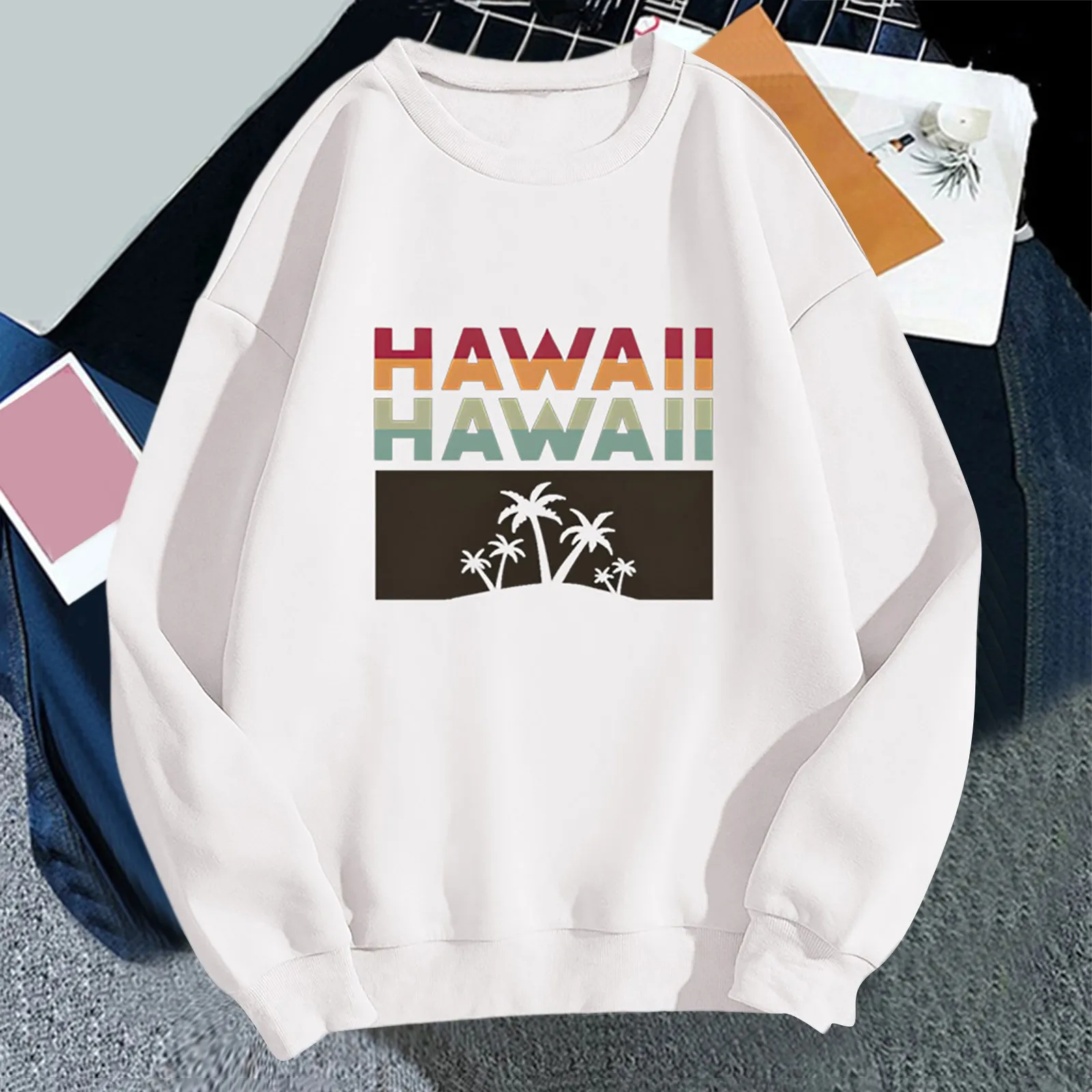 Hawaii Beach Creativity Splicing Prints Women Hoody Crewneck Comfortable Hoodies Loose Soft Tops Woman Pullovers  Autumn Winter