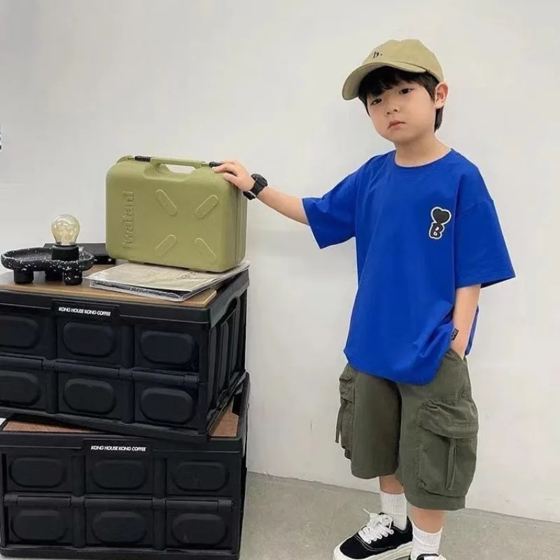 2026 Summer Boys 100% Cotton Short Sleeve T-Shirt Heart Letters Kids Multi Sizes Loose Fit Casual Versatile Mix Match