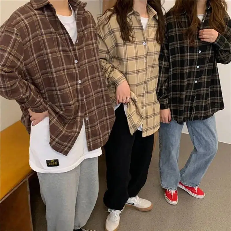 

Женские винтажные клетчатые рубашки с длинным рукавом Haruku, свободные студенческие рубашки с отложным воротником, модная уличная одежда, блузки на пуговицах, пальто