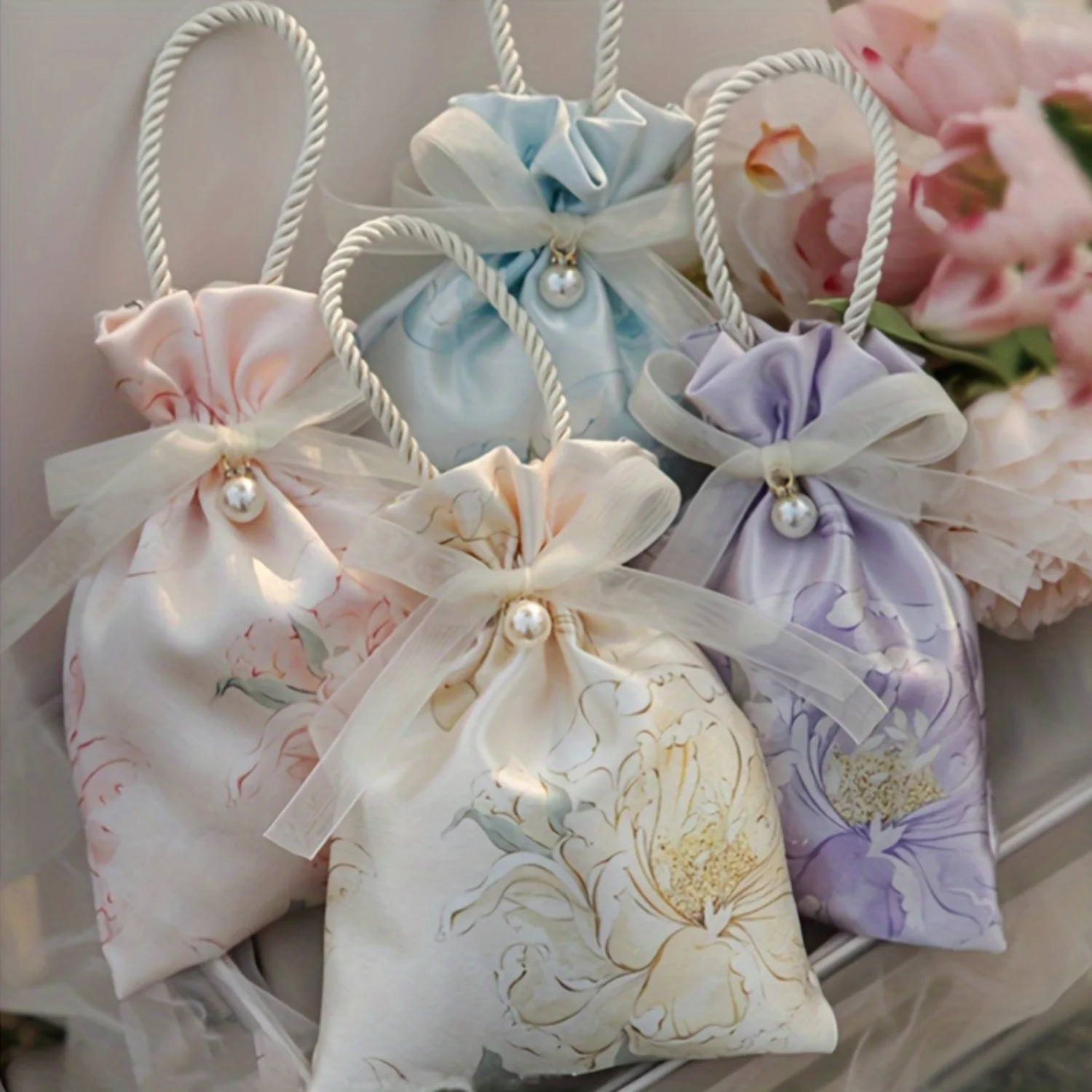 

Floral Drawstring Candy Bags 10-Pack for Special Occasions - Chambray Fabric, Valentine's Day, Mother's Day, Spring, Summer