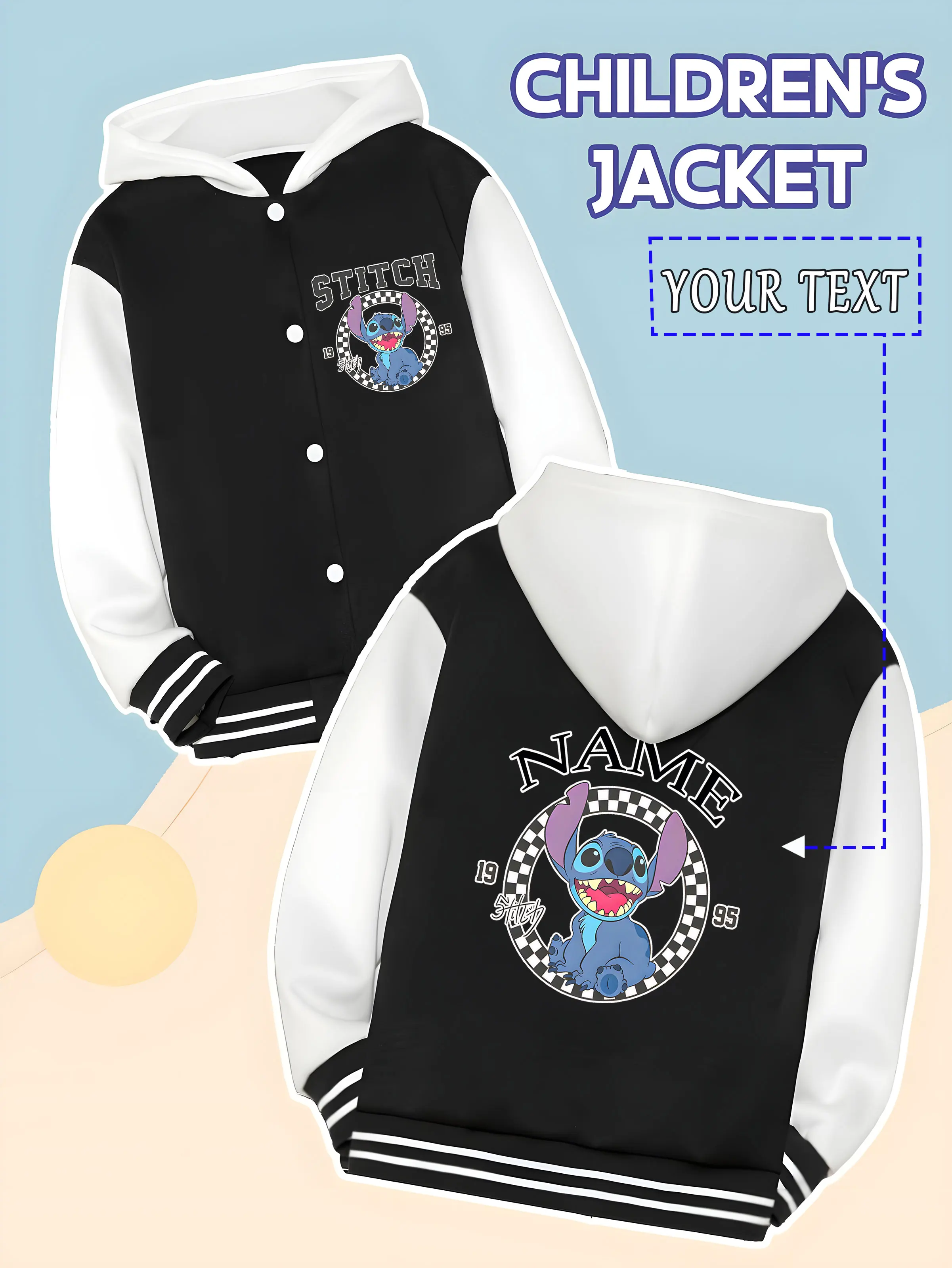 

MINISO Disney Stitch trendy children's baseball jacket - Stitch checkerboard pattern, cool personality, suitable for daily outin