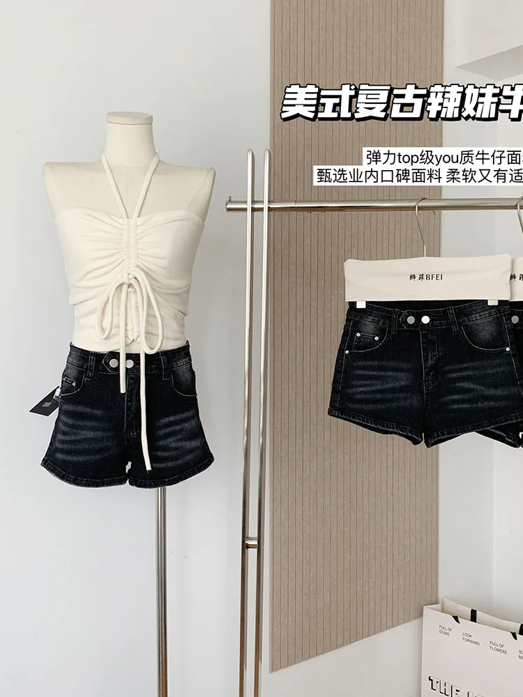 High Street Black Denim Shorts Fashion Sexy High Waist Shorts Jeans Scratched Casual Hot Pants Gothic Korean Streetwear Clubwear