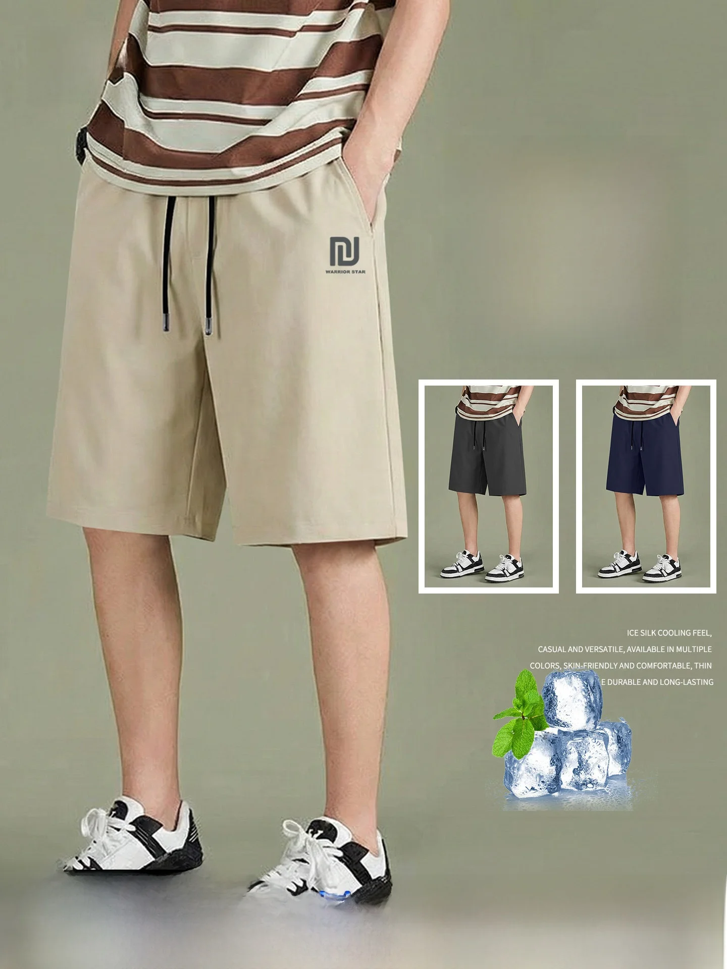 

Khaki ort Pants Men Summer Outdoor Sports Fitn Loose Five-Quarter Ice Silk Thin Straight Leg Pants Casual Geometry Pattern