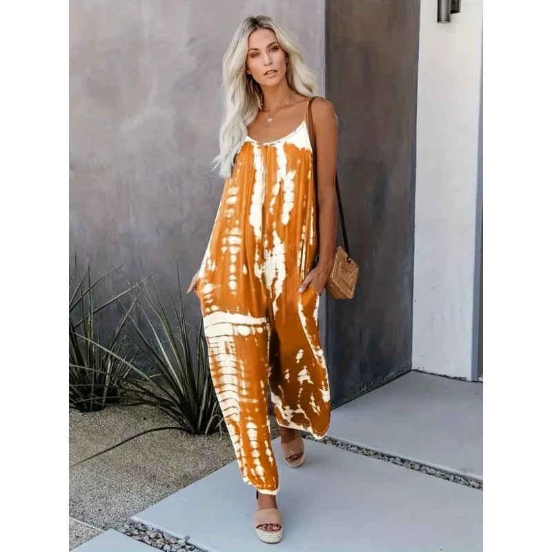 

New hot selling spring and summer sleeveless Women's Casual Pocket Pants Solid Loose Strap Straight Jumpsuit
