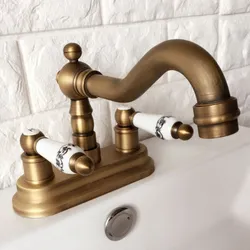 Antique Brass 2 Hole Swivel Spout Kitchen Sink Faucet Vintage Retro Bathroom Basin Cold and Hot Water Mixer Taps Dnfa6