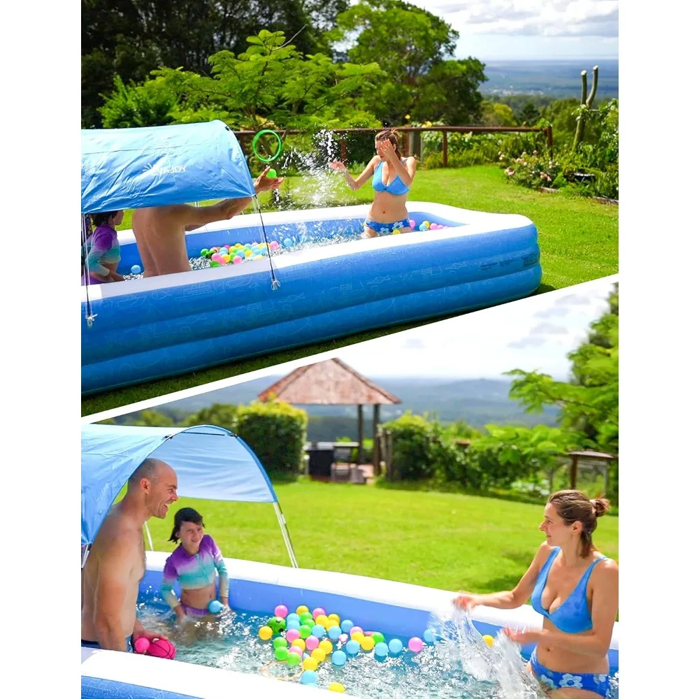 Large Inflatable Swimming Pool with Canopy, 150” x 70” x 20” Full-Sized Inflatable Pool for Kids & Adults, Kiddie Pool