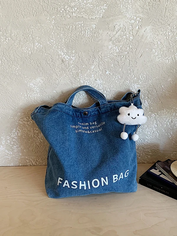 High Aesthetic Large Capacity Denim Tote Bag Women's Retro Casual Commuter Korean Simple Handbag Soft Handle Casual Style