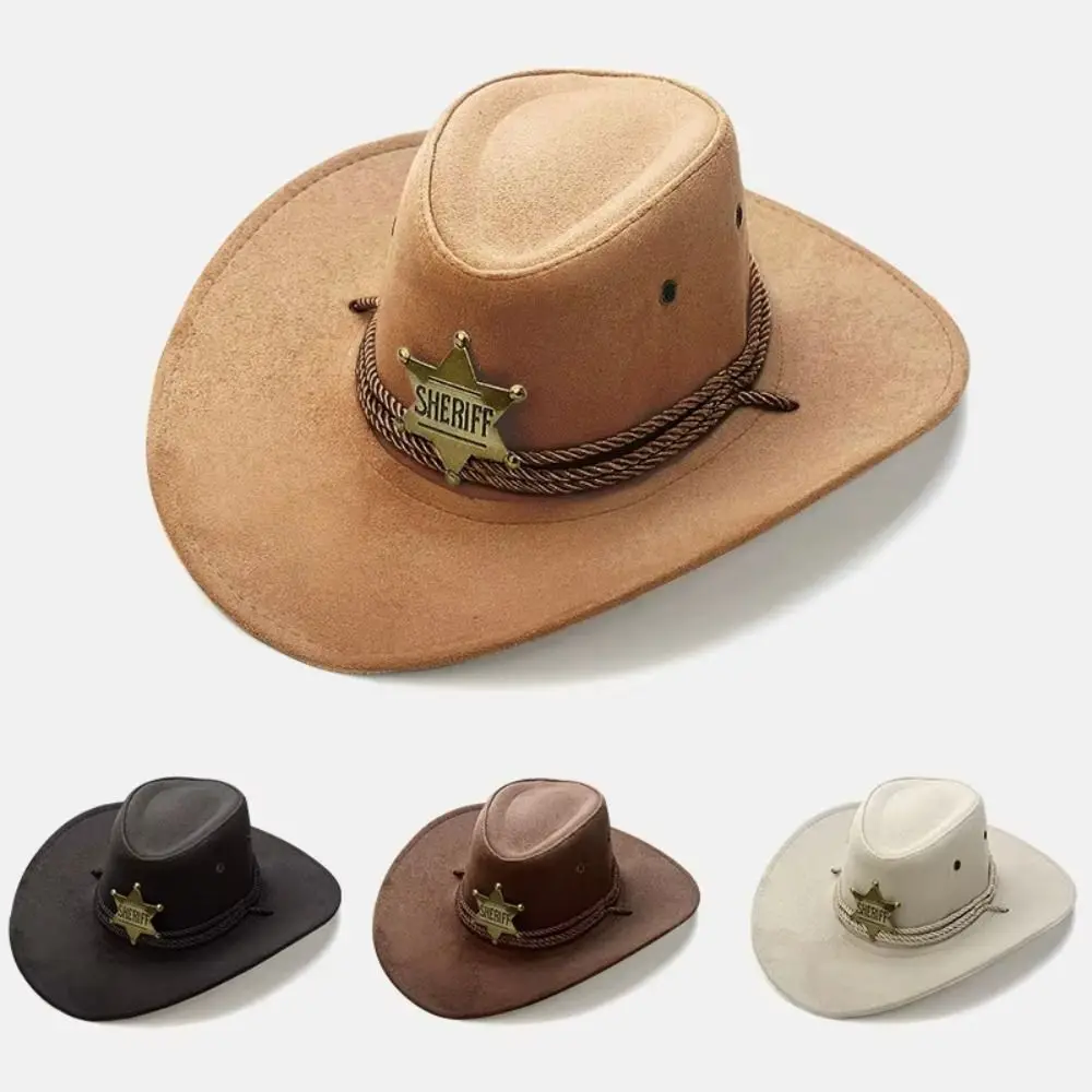 Retro Kunstwildleder Strand-Cowboyhut mit Breiter Krempe, Sonnenschutz, Party-Cosplay-Hut, Einfarbig, Atmungsaktiver Jazz-Hut