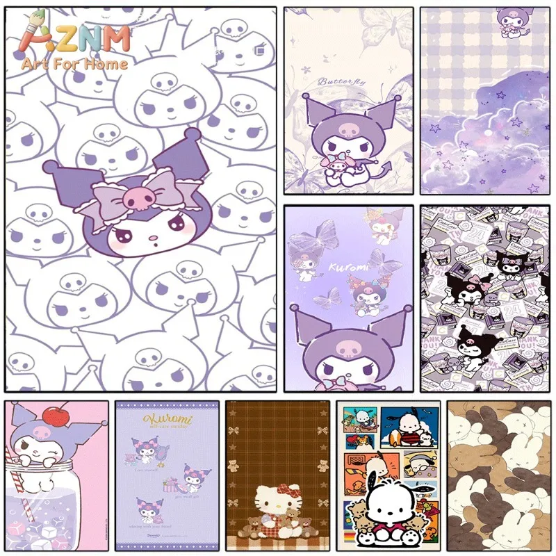 Sanrio Kuromi Canvas Wall Art Unframed Print Purple Line Art Butterfly Cute Cartoon Poster for Bedroom Dorm Home Interior Wall
