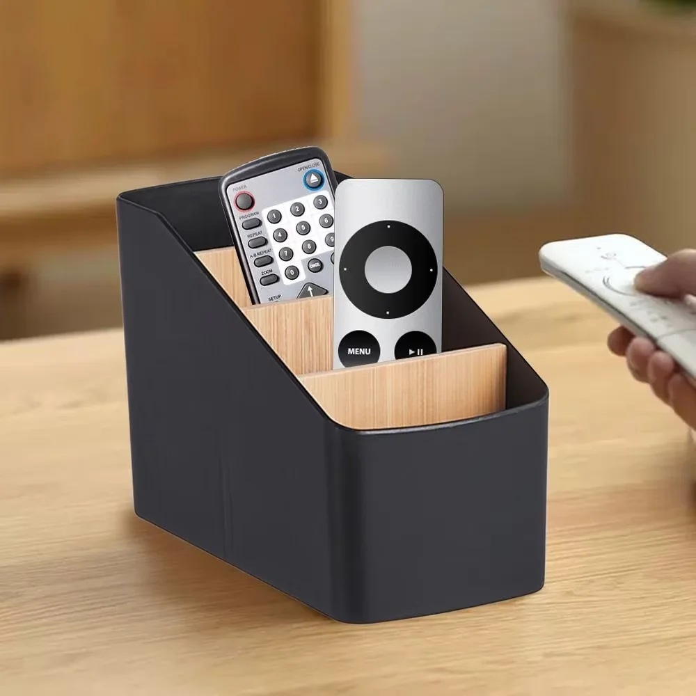 Caja de almacenamiento multiusos para escritorio, soporte para mando a distancia de TV, organizador de mesa de madera para dormitorio, sala de estar, partición desmontable para el hogar