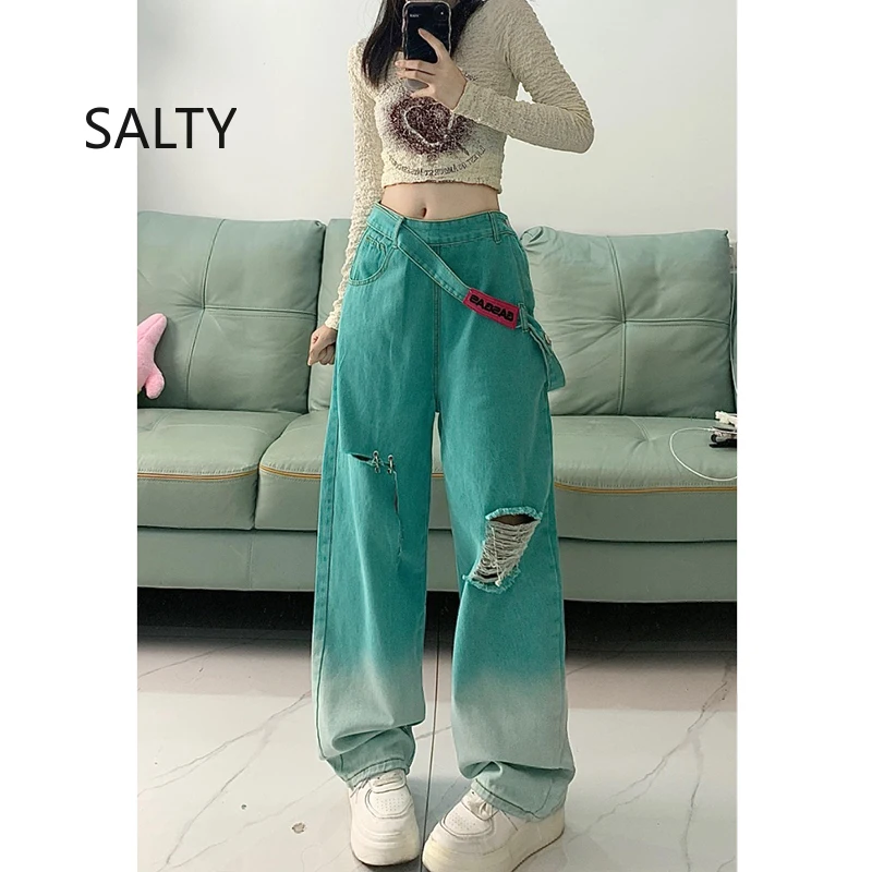 

2026 Sweet Cool Style Jeans Woman Broken Hole Straight Wide Leg Pants Casual Niche High Waist Pants Women