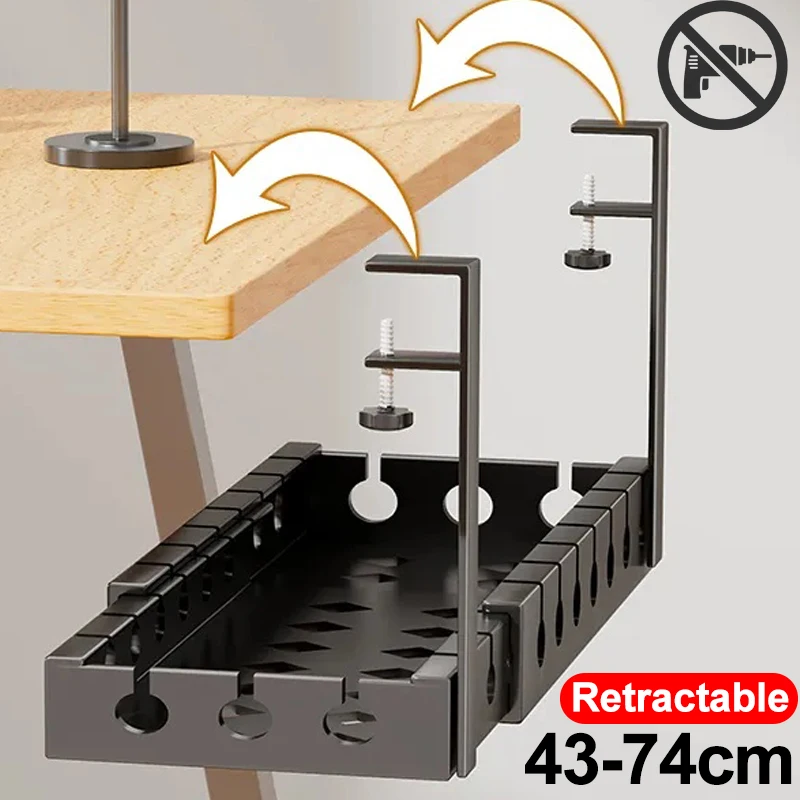 No Drilling Under Desk Wire Management Tray Retractable Cable Organizers in Home Office PC Router Data Wire Metal Storage Rack
