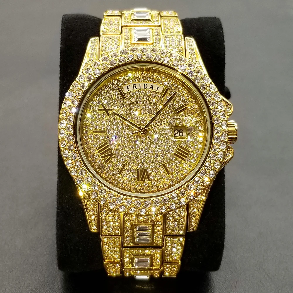 TikTok Hot Diamond Wristwatch For Men Luxury 18K Gold Plated Quartz Watches Day Date Nightclub Party Watch Unisex Rapper Jewelry