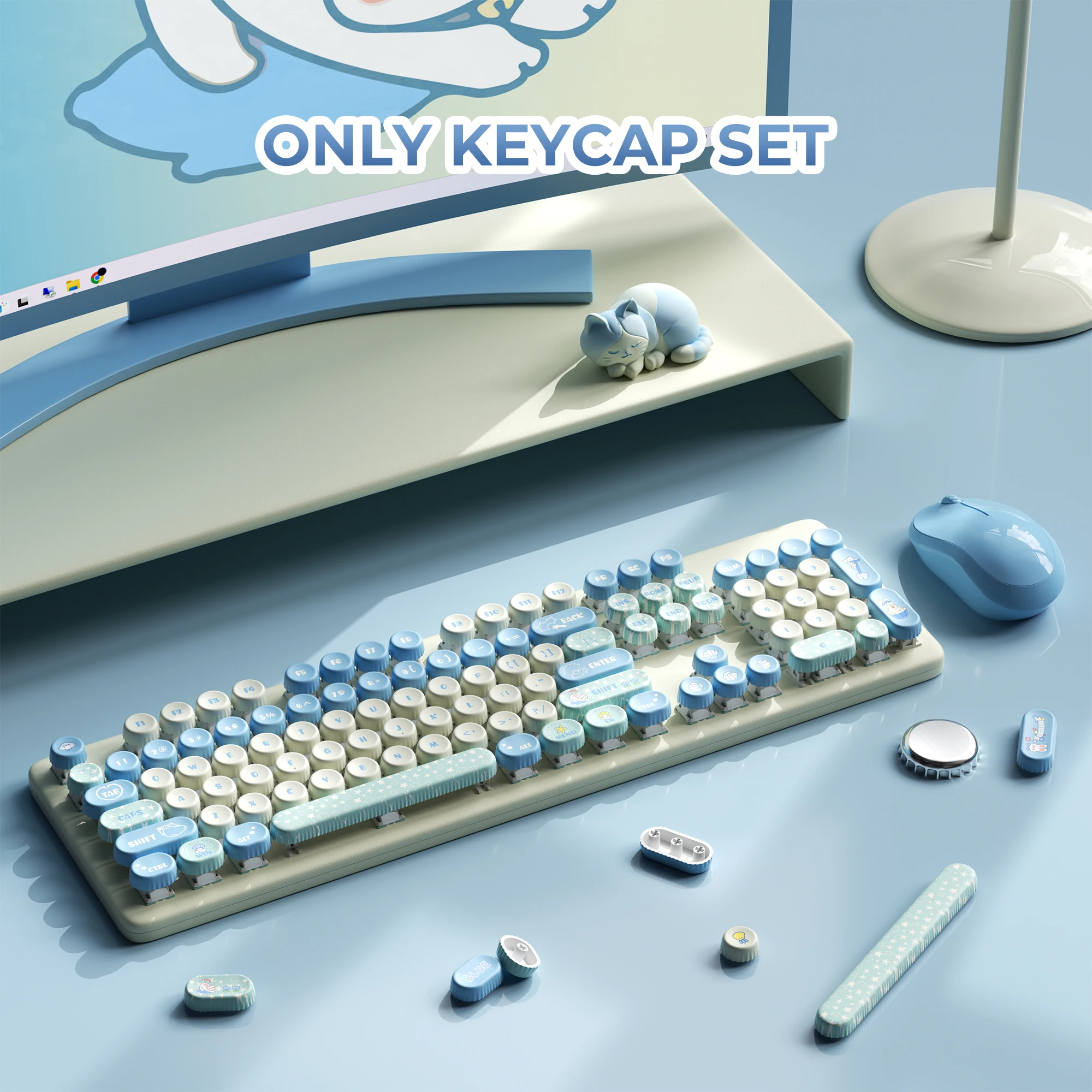 XVX Sky-Blue Cute Bottle Cap-Shaped Keycaps for Custom Keyboards PBT Round Key Cap 131 Keys
