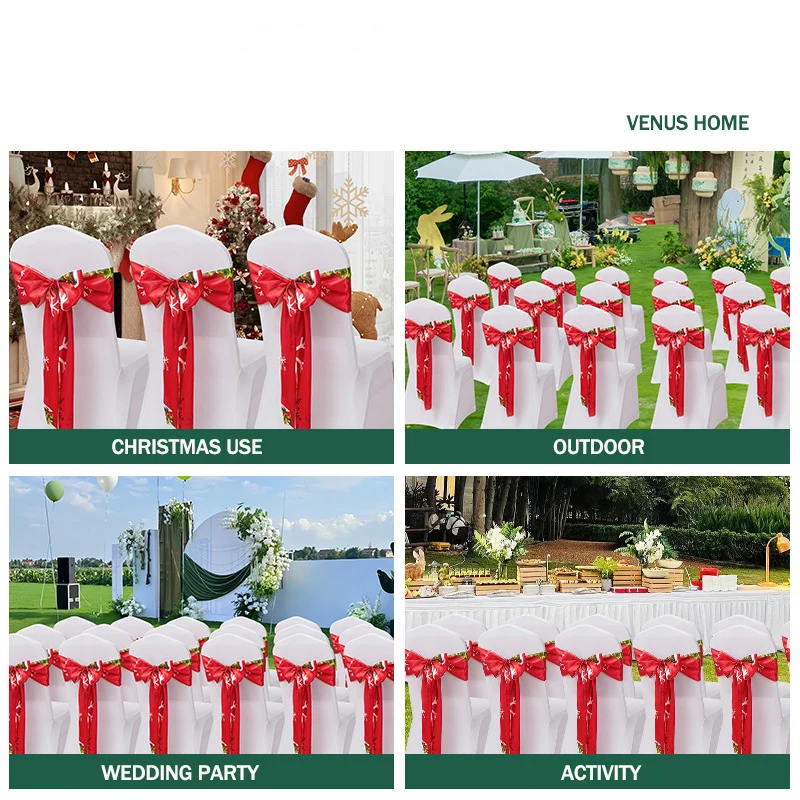 Christmas Satin Chair Sashes Bows-50PCS Chair Ribbon Ties Back Sash for Wedding Party Events Banquet Chair Cover Decoration