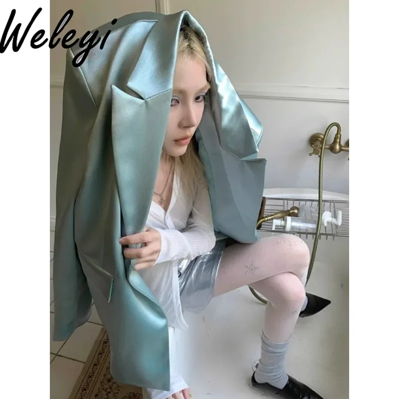 Loose Blue Green Acetic Acid Satin Suit Jacket Women's Spring and Autumn New Casual Premium Long Sleeve Suit Colar Blazers Coat