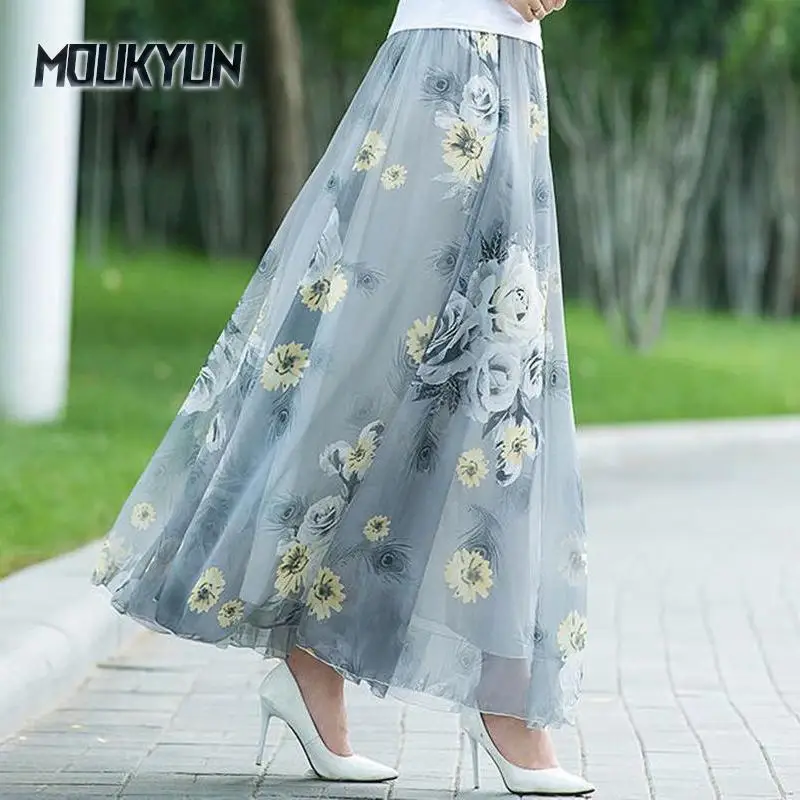 

Summer Chiffon Long Skirts Bohemian Floral Big Swing Female Beach Skirt Women's A-line Skirt