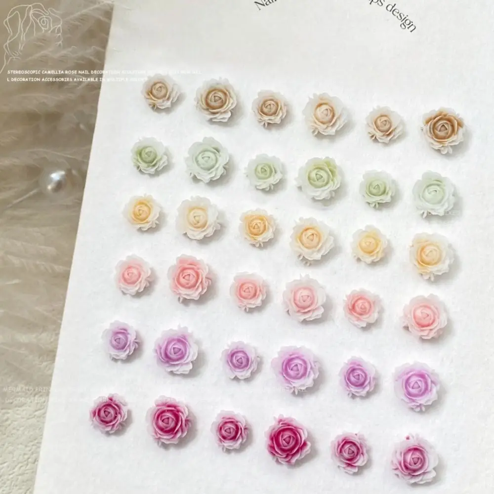 

50 Pcs Resin Gradient Rose Rose Flower Nails Accessories 6mm+8mm Smudged Vintage Nail Art Decoration Carving Camellia Flowers
