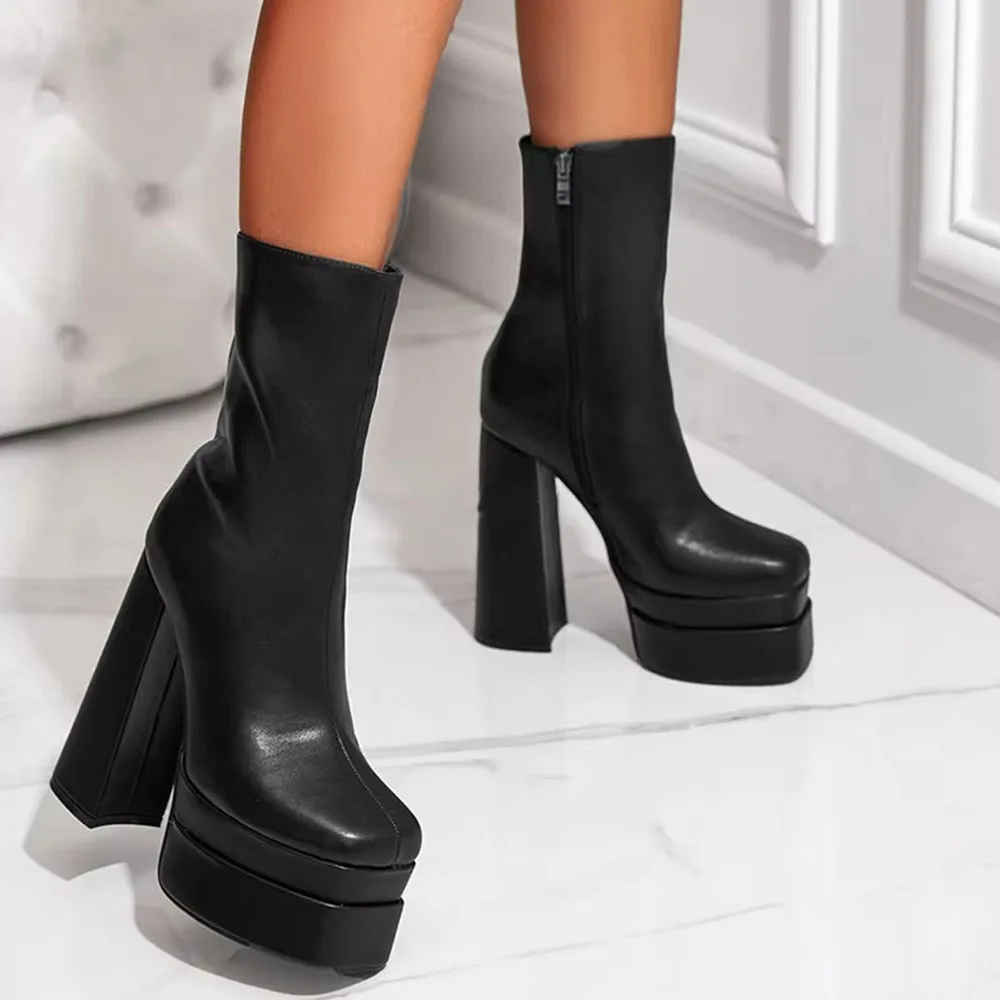 DoraTasia INS الشارع المفاجئة الساحرة منصة مستديرة الرأس كعب مكتنز المرأة منتصف العجل الأحذية فاسق القتالية الجانب سستة أحذية امرأة