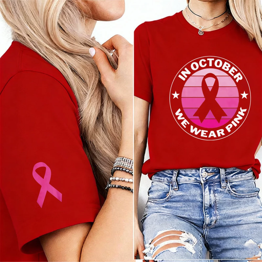 In October We Wear Pink Circular Retro Print Women T-Shirt Basic Pink Ribbon Cuff Graphic Breast Cancer Awareness Hope Tee Tops
