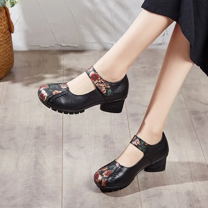 BEYARNE Spring Autumn National Style Women Pumps Flower Printing Round Toe Genuine Leather Women Chunky Heel Shoes Plus Size