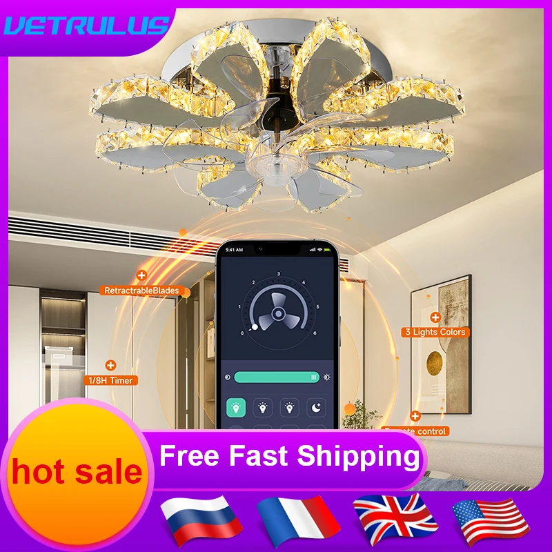 Luxury Crystal Ceiling Lamp Fan Led Modern Inver Fan Light Chandelier RC Smart Home Decor Chandelier Living Dining Room Fixture