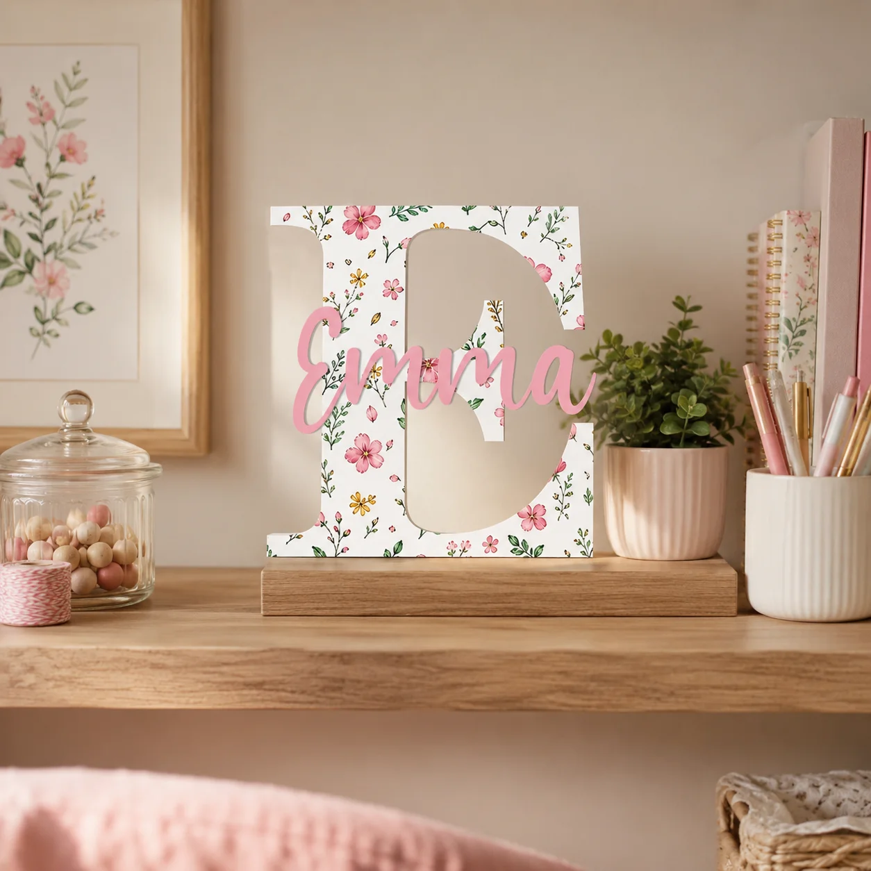 1Pc Custom Rural Style Flowers Wooden Name Plaque, Home Nursery Room Wall Door Decor, Birthday Wedding Baby Shower Gift Gift