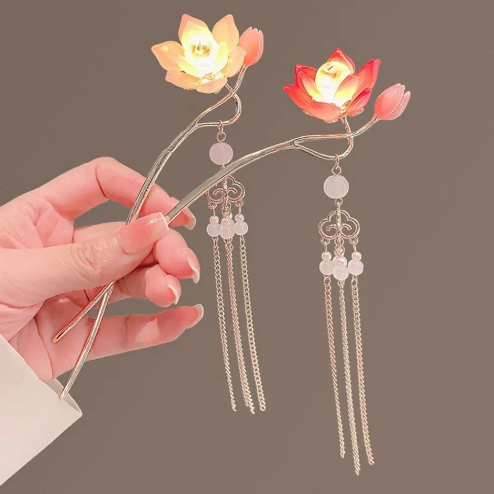 Alloy Lantern Hairpin Glowing Luminescent Lotus Tassel Hair Stick Hair Sticks for Long Hair Hair Chopstick LED Light Hair Fork