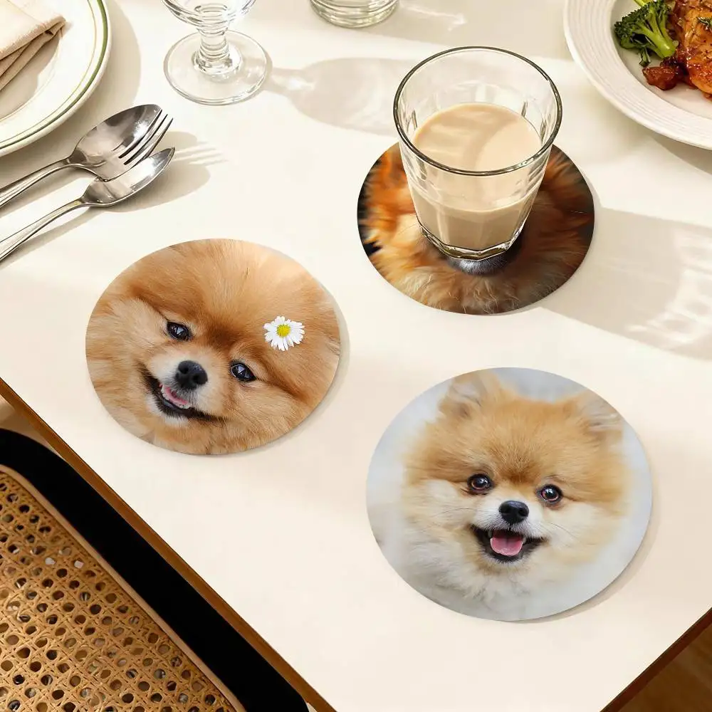 Cute Dog Pomeranian Round Wooden Coasters Suitable For Restaurants And Coffee Home Gift Choice Holidays