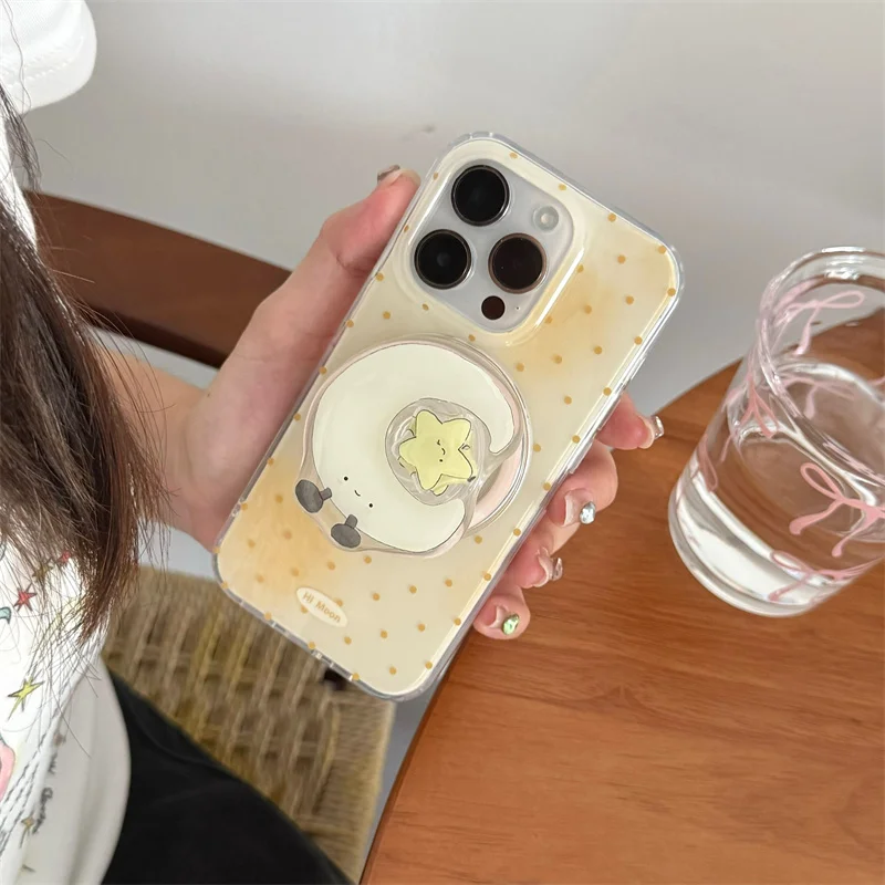 

Korean Orange Polka Dot Magnetic Phone Case For iPhone 16 Pro 15 13 14 Pro Max Cover with Magsafe Star Moon Stand Holder Cases