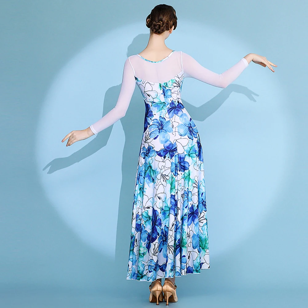 Abito da ballo valzer a maniche lunghe da competizione Abito da ballo standard blu Concorso girocollo Elegante abito da flamenco