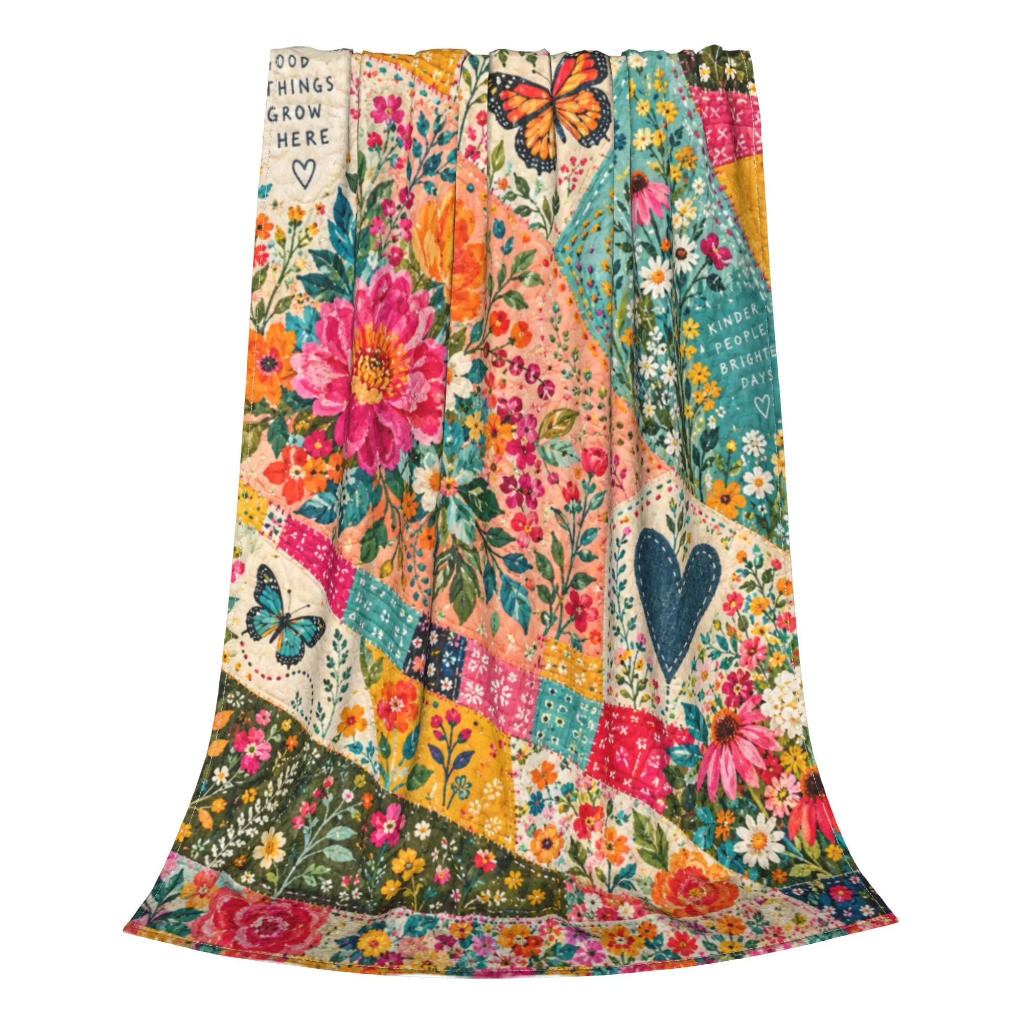 1PC Patchwork Flower Butterfly Quilt Heart Print Cozy Plush Blanket Love Print  Blanket Throw Super Cosy Plush Living Room Sofa