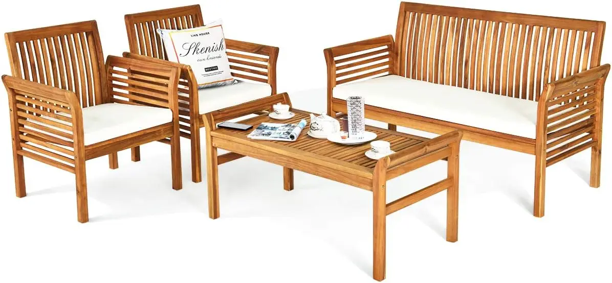 

Tangkula 4 Piece Outdoor Acacia Wood Sofa Set with Water Resistant Cushions, Padded Patio Conversation Table Chair Set w/Coffee