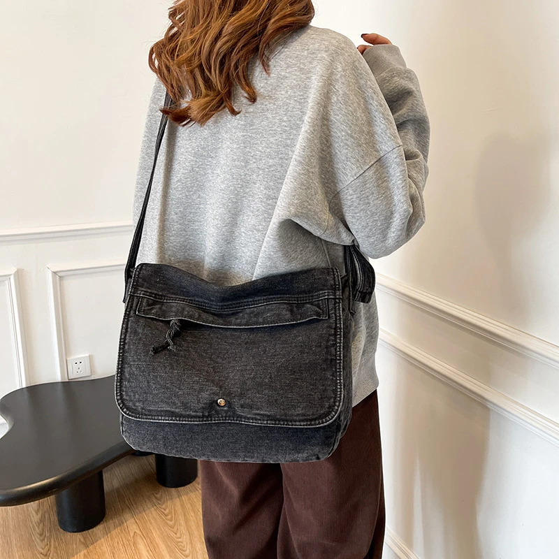 Flap Denim Women's Bag New Jeans Sing Bag Large Capacity Messenger Bag Y2K Canvas School Shoulder Cross Eco Bag Korean Shopping