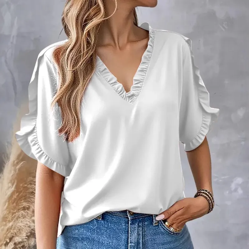 여름 단순 솔리드 컬러 반팔 셔츠 블라우스 여성 프릴 v 넥 캐주얼 루즈 셔츠 탑 우아한 오피스 레이디 블라우스