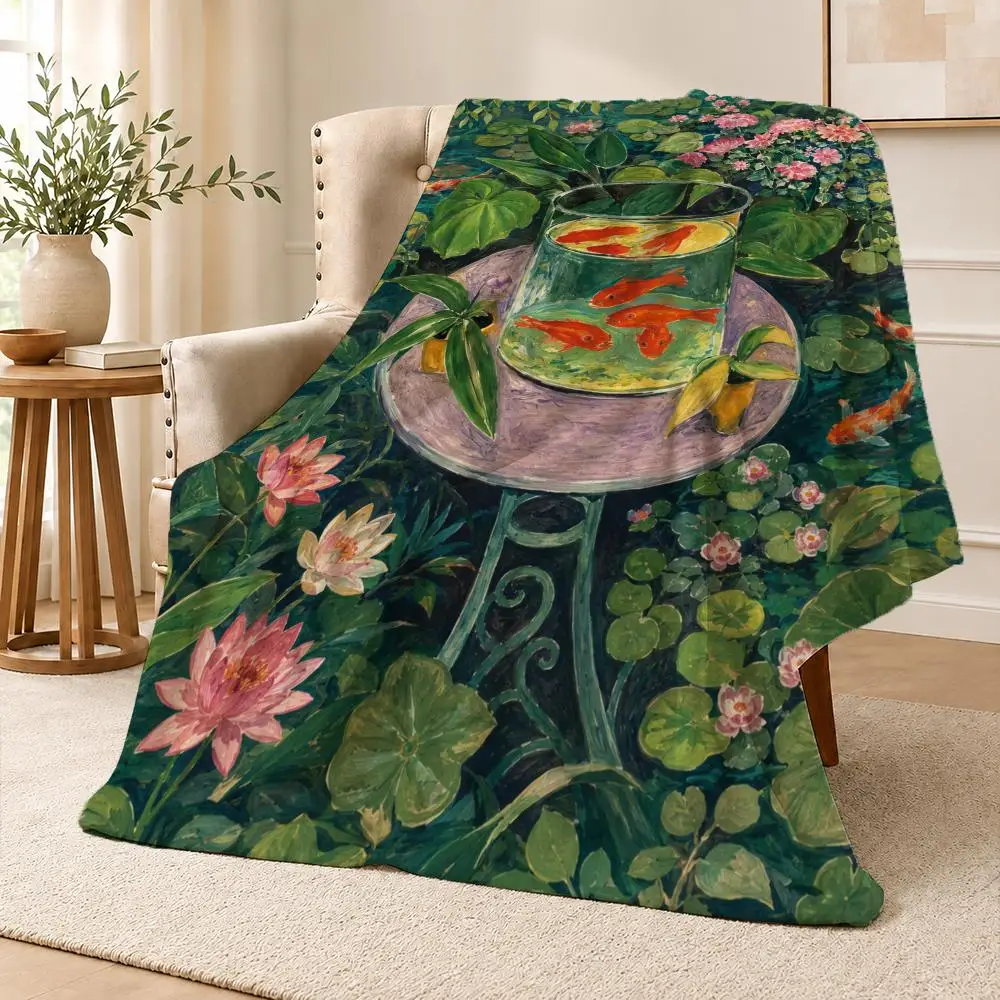 Vintage Koi Lotus Garden Floral Art Illustration Throw Soft Flannel Throw Blanket for Couch Bed Sofa Warm Cozy All Season