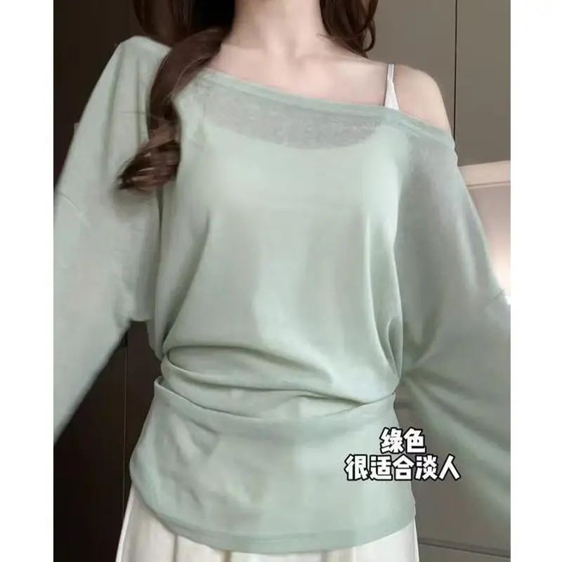 

Loose Thin Perspective Sexy Tops Summer New Long Sleeve Simplicity Solid Bandage Fashion T Shirts Casual Korean Women Clothing