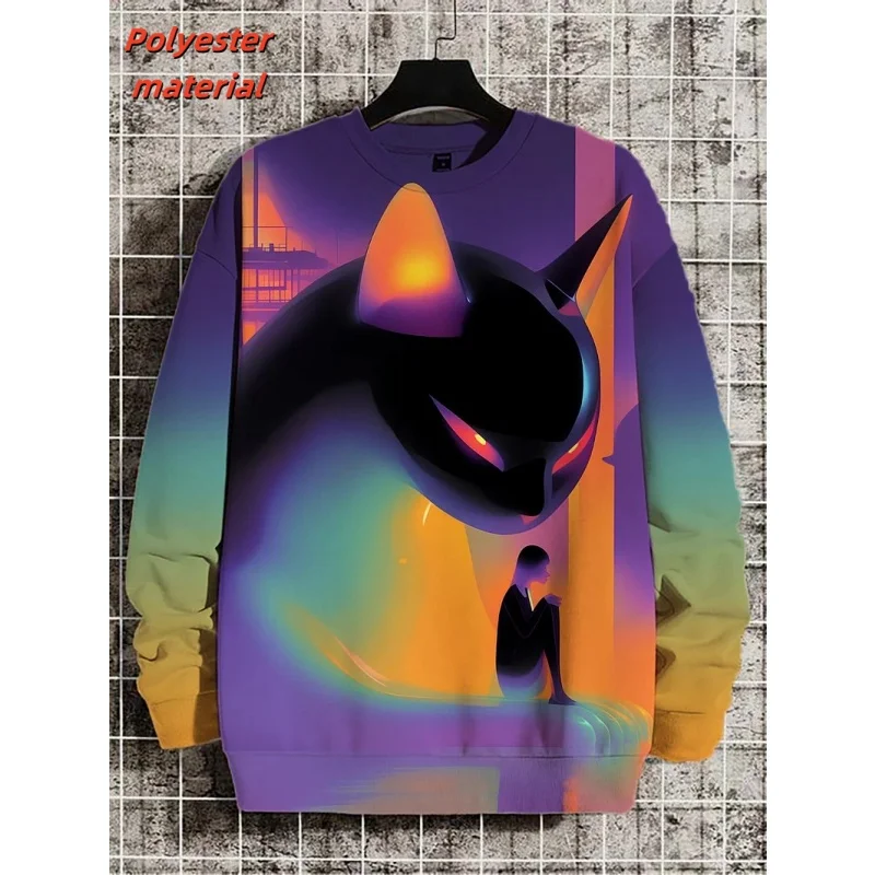 남성용 3D 인쇄 다채로운 고양이 운동복 레인보우 시골 패턴 후드 캐주얼 루즈 탑 라운드 넥 풀오버 streetwear