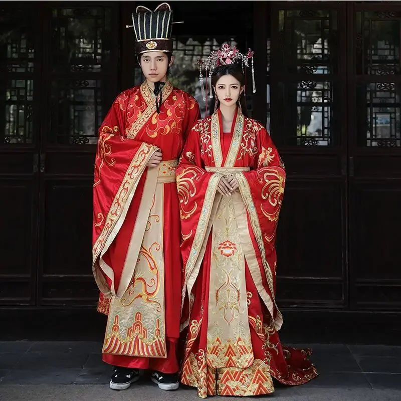 

High quality Standard Tang Ming China Wedding Costume Dress Chinese Ancient Wedding Hanfu Bride Long Tail Couple Costume Garment