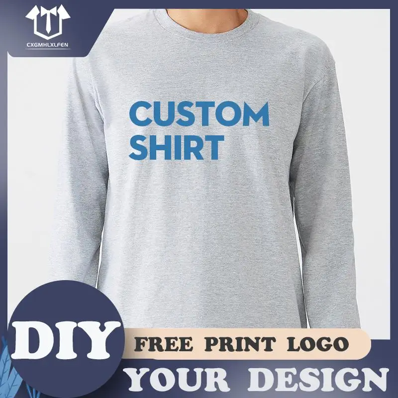 Men T Shirt Custom Printing Add Your Print Or Logo Male Casual Long Sleeve Tshirt Tops Cotton Tees Shirt DIY Men\'s Unique Shirts