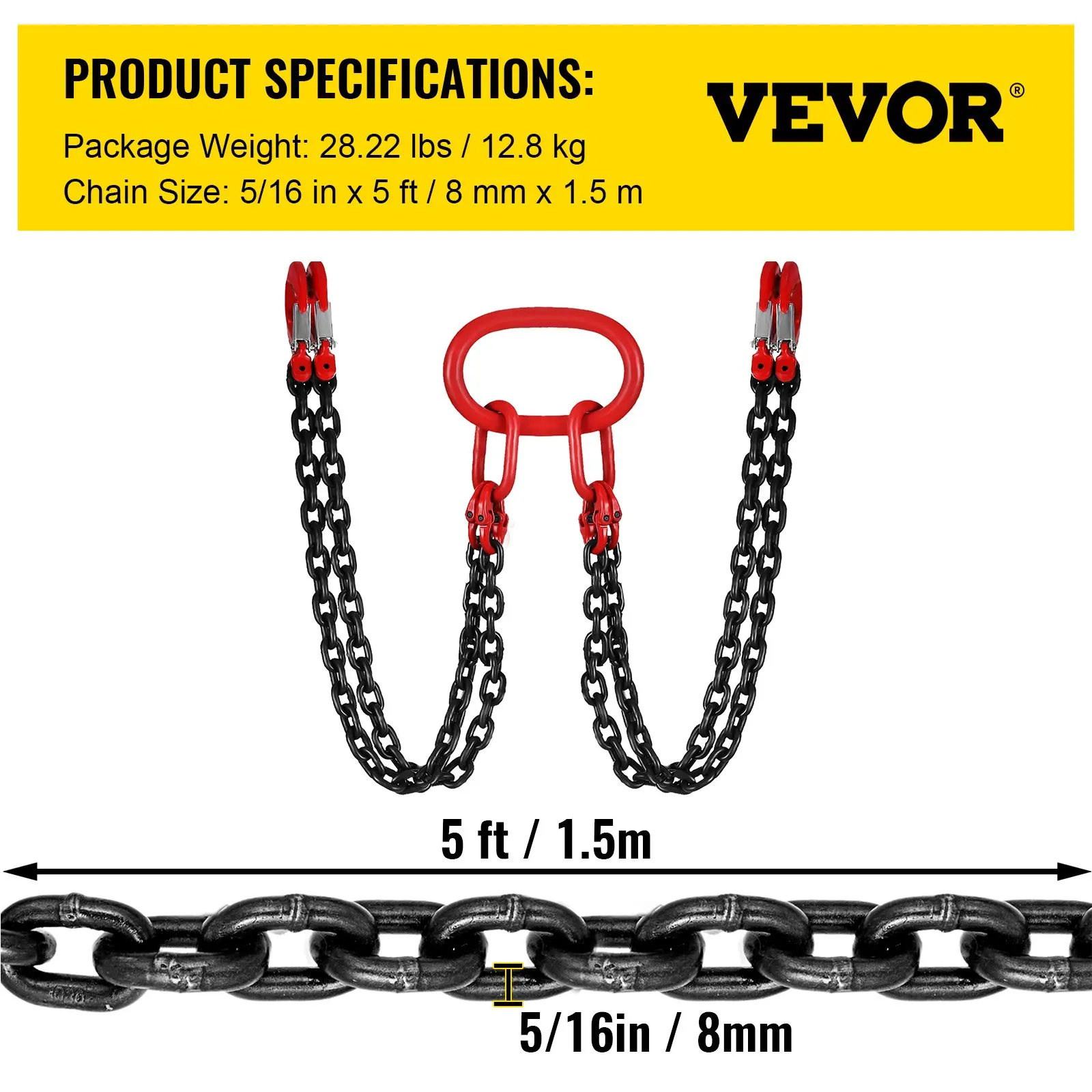 5Ft Chain Sling  5 Ft Engine Lift Chain G80 Alloy Steel Engine Chain Hoist Lifts 3 Ton