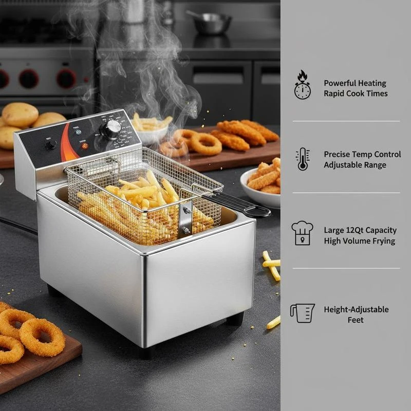 Tabletop Frying Machine 12Qt / 11.5L For Restaurant Home Kitchen Catering 1750W Single Basket Height-Adjustable Feet Temperature Control Overheat Protection Professional Culinary Equipment Food Preparation Tool Heavy Duty Construction 12.6 x 11 x 11. view 6