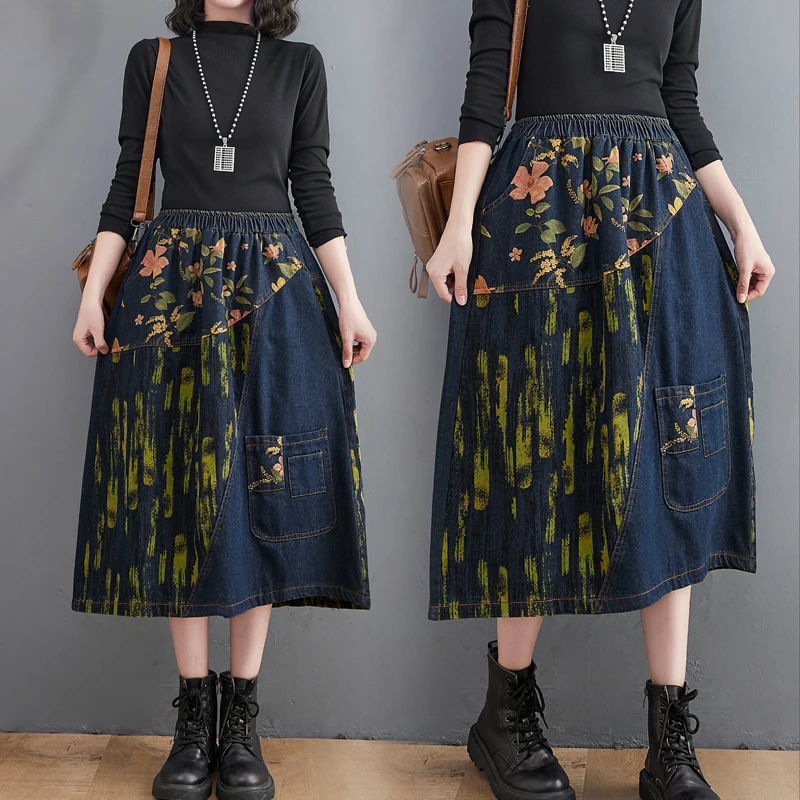Denim Skirt Midi Vintage - プラスサイズ 伸縮性ウエストデニムミディスカート レディース アーティスティックヴィンテージ ルーズカジュアルプリントスプライシング ハーフ丈スカート