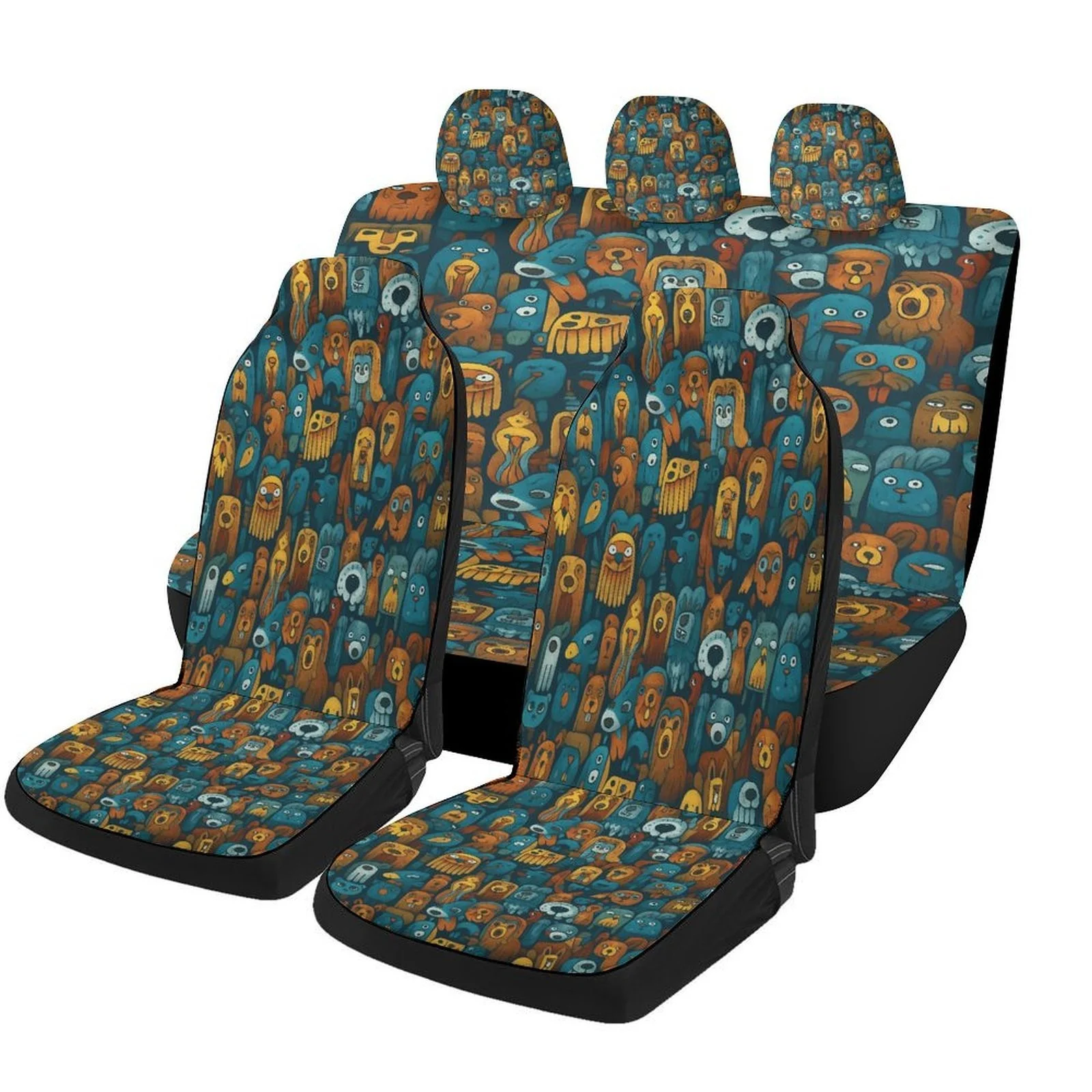 Set Of Car Seat Covers Featuring A Pattern Of Animal Faces, Suitable For A Variety Of Vehicles. These Stylish And High-Quality C