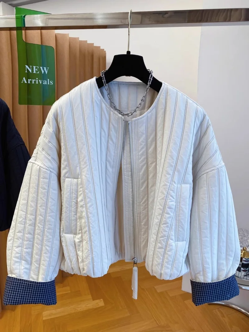 Premium Quilted Collarless Autumn Jacket Women 2025 New Loose Casual Plaid Splicing Coat Zipper Top w854 ﻿