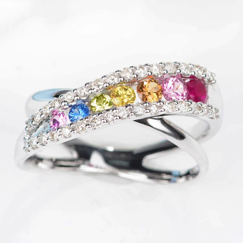 Huitan Regenbogen Zirkonia Kreuz ringe für Frauen neu gestaltete Hochzeit Verlobung zubehör Silber Farbe trend igen Schmuck