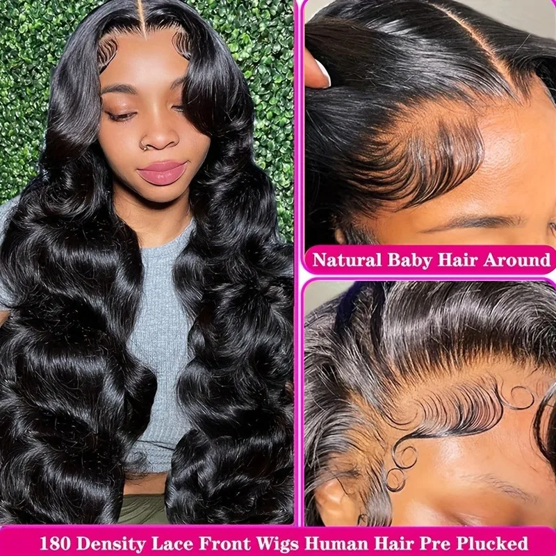 250% Density Glueless Human Hair Lace Front Wig - 13x4 Pre Plucked & Pre Cut 3D Dome Cap with Bleached Knots, Natural Black Body image 4