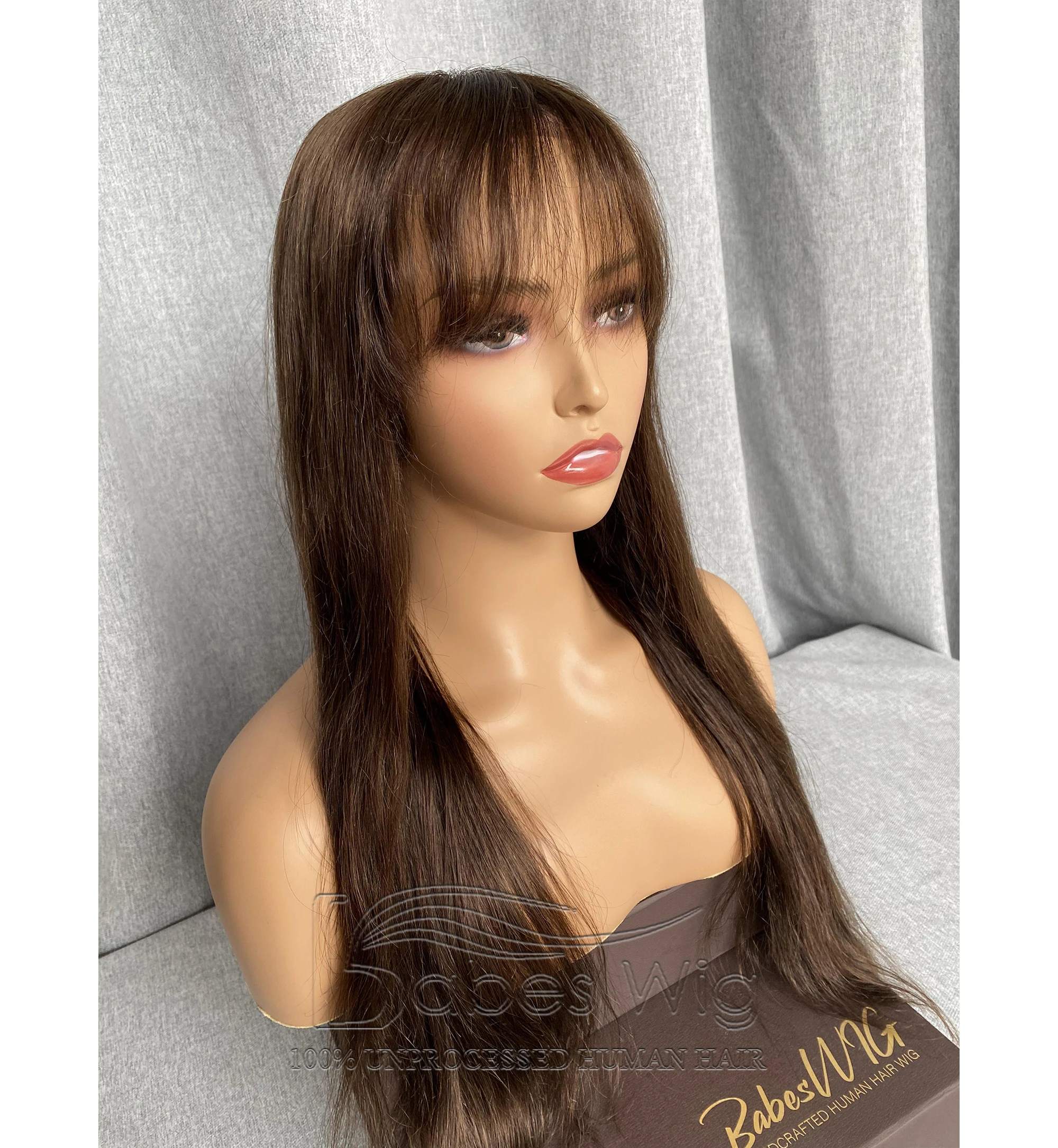 Silky Straight Light Brown Human Hair Lace Front Wig With Bangs For White Women Lace Frontal Wigs Bleached Knots