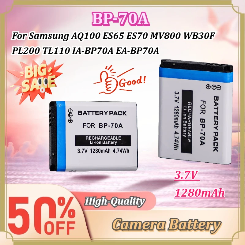 For Samsung BP‑70A IA‑BP70A EA‑BP70A Digital Camera 3.7V 1280mAh Li‑ion Battery For AQ100 ES65 ES70 MV800 WB30F PL200 TL110
