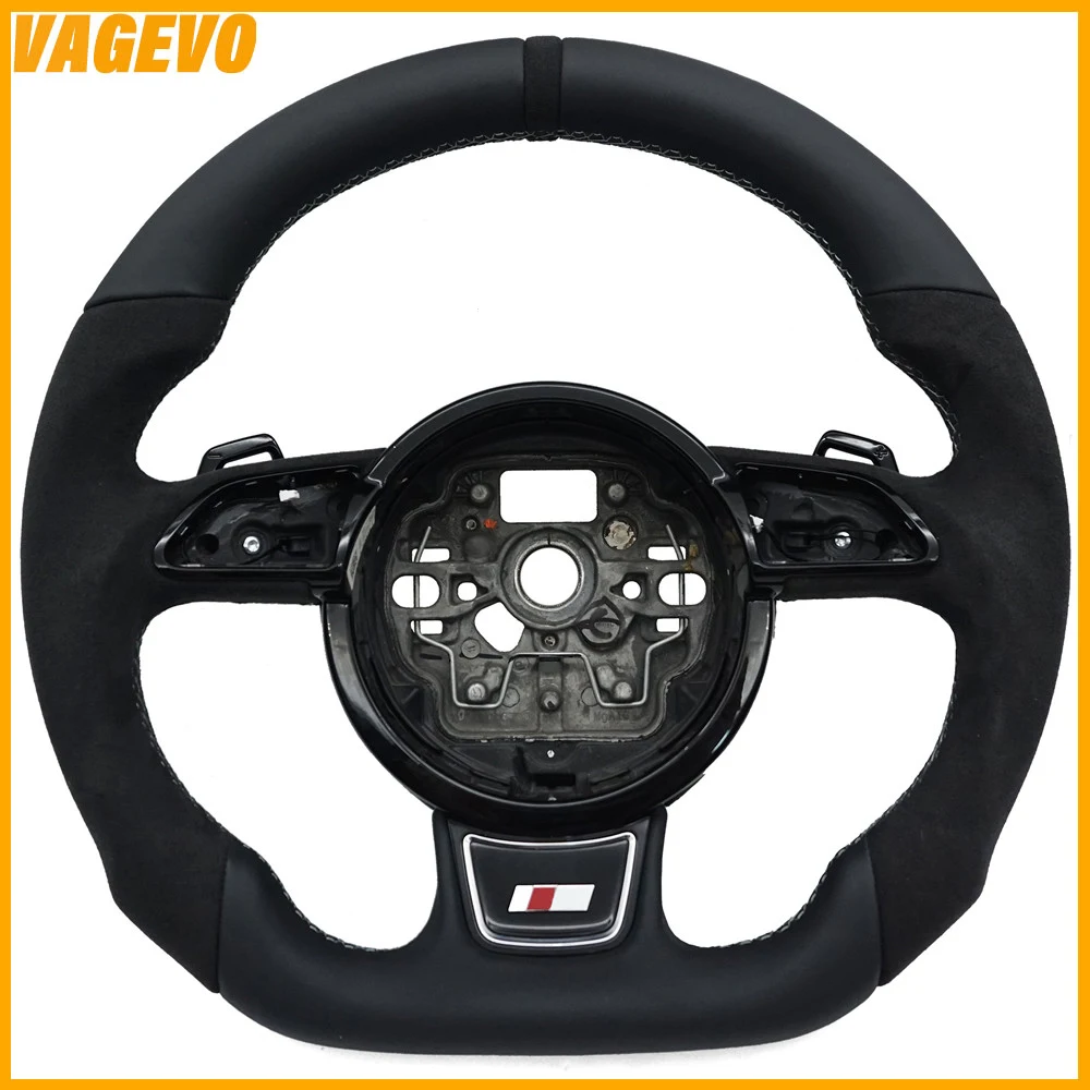 

For Audi A6 C7 Alcantara leather silver stitching flat bottomed sports steering wheel with paddle shifters, Car Accessories